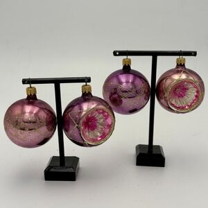 Set of 4 Vintage Glass Christmas Ornaments Indent 2.5" Purple Pink Gold Glitter